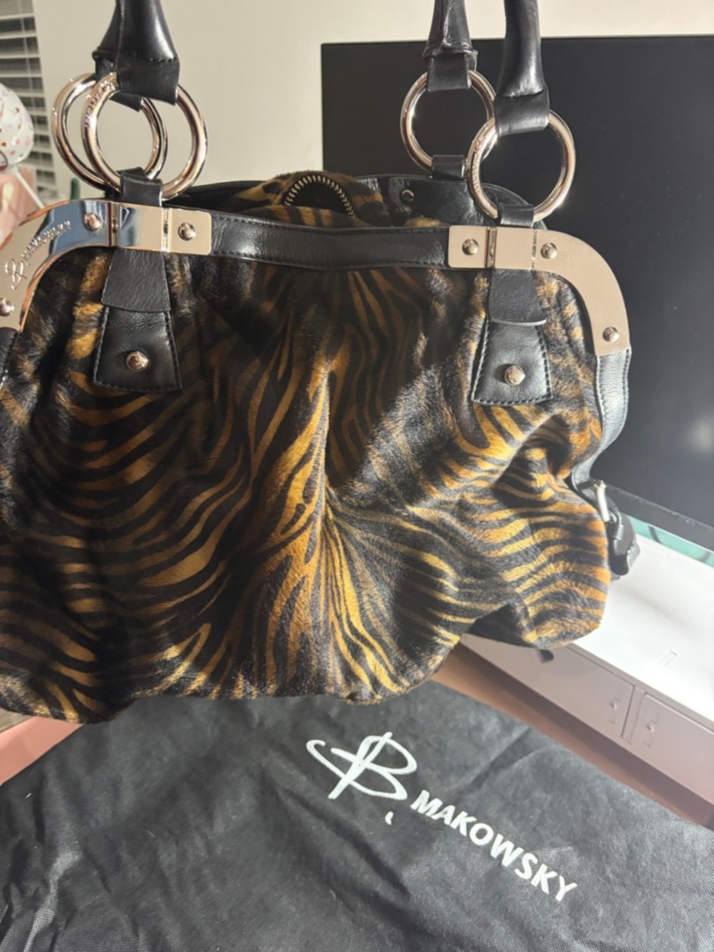Black & Brown Zebra Print Leather-Trim Tote
